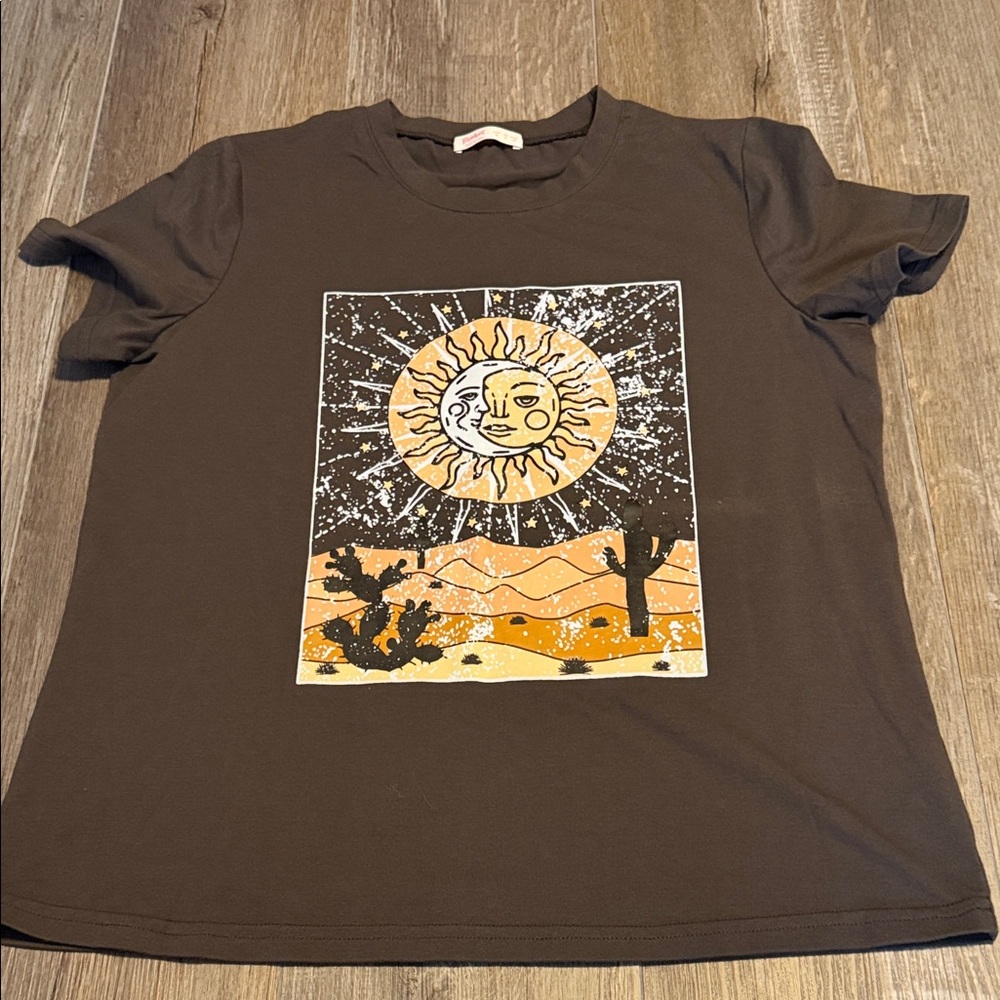 ROMWE Brown Graphic Sun Desert Tee